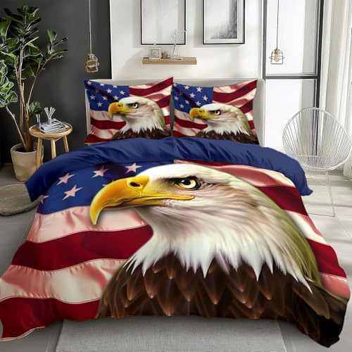 Generisch Blau Rot Bettwäsche 135x200 cm Adler Der Amerikanischen Flagge 3D-Druck Bettwäsche-Sets, Weich Mikrofaser Bettbezug 3-Teilig mit 2 Kissenbezüge 80x80 cm, Bettwäsche Set mit Reißverschluss