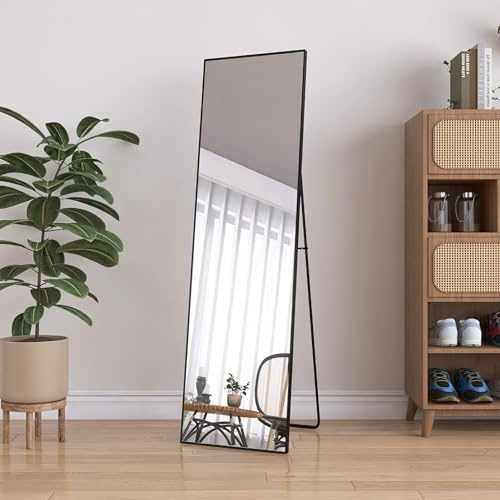 KRYZOR Rechteckiger Ganzkörperspiegel 140 x 40 cm, 2 in 1 Standspiegel & Wandspiegel, Full Body Mirror mit Schwarzem Aluminiumrahmen, Groß Bodenspiegel für Schlaf, Wohn, Ankleide (Schwarz, 140 * 40)