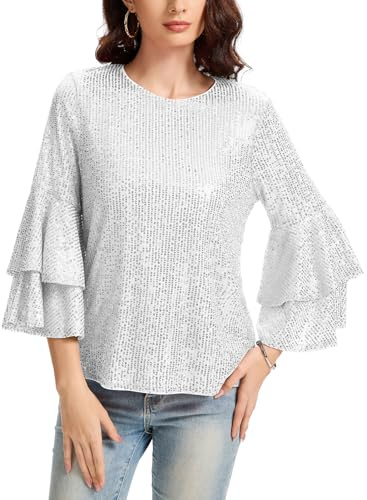 Kyzoeyou Damen Pailletten Oberteil Glitzer Tops Langarm Rundhals T-Shirt Bluse Cap Ärmel Freizeit Tunika Party Festival (Silbrig M)