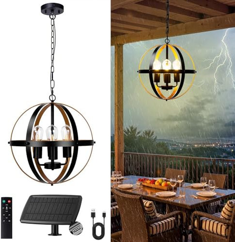 Solar Lights for Outdoor Hanging E27 Battery Ball Pendant Light Height Adjustable IP65 Waterproof Dimmable Solar Pendant Light with Remote Control, Timer, 4.8 m Cable for Gazebo Pergola Garden Decor