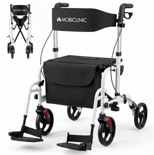Mobiclinic®, Klappbarer Rollator, mit Fußstütze, Klappbar, Höhenverstellbar, Max. 136 kg, mit Bremsen, Umkehrbare Rückenlehne, 360°-Rollen, Tasche, Stockhalterung, Ibiza
