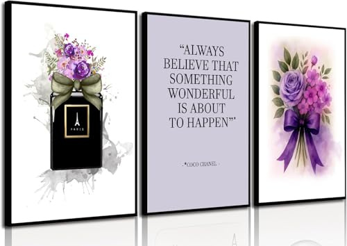 4Good Exklusiver Fashion Kunstdruck – Lila Blumen-Schleife & Parfümflakon als Vase – Stilvolle Wanddekoration für Mode- und Designliebhaber - WBF11 Purple Bow A3