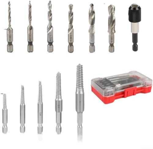 CYRENT Lot de 12 extracteurs de tarauds à tige hexagonale en acier carbone M4-M10 pour retrait de vis endommagées avec filetage inversé Flûtes en spirale pour perceuses sans fil et d'établi