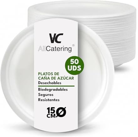 AC ALL CATERING 100 Platos Desechables de Caña de azúcar Redondos de 15 cm. Ecológicos, Biodegradables y Resistentes para Picnics, Barbacoas, Fiestas y Cumpleaños. 100 Platos