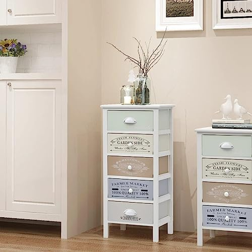 Owoxanthellate Beistellschrank Paulownia Holz 38x28x86,5 cm Französischer Landhausstil 5 Schubladen Mehrfarbig platzsparende Kommode für Flur Schlafzimmer Wohnzimmer