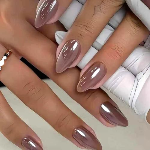 Ceboic 24Pcs French Tip False Nails, Coffee Brown Short Almond Press on Nails, Acrylic Glossy Fake Nail, Solid Color Full Cover Glue on Nail, Natural Reusable Stick on Nails for Women Girls Daily Wear