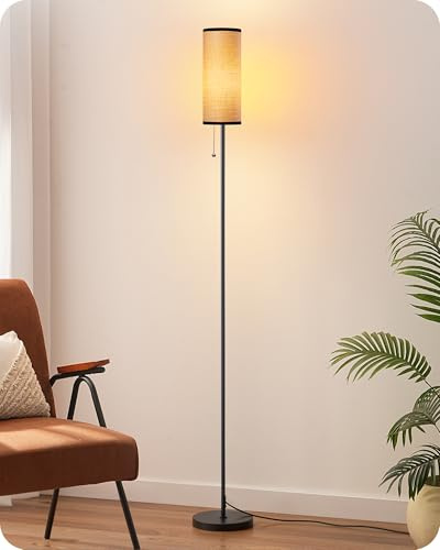 EDISHINE Lámpara de Pie Salón, Pantalla Cuerda Trenzada, Negro | Bombilla LED 6 W Incluida, Blanco Cálido 2700 K, Casquillo E27, para Dormitorio, Habitación Infantil o Pasillo, 165 cm
