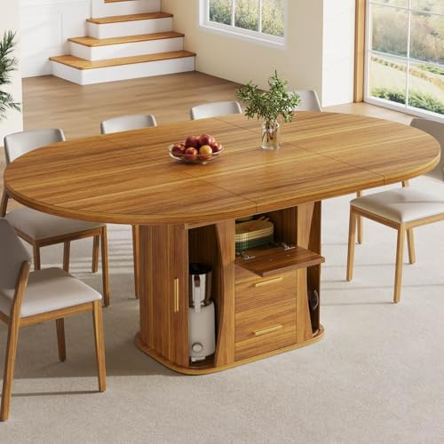 EURHCIO Table a Manger Extensible,Table Ronde 118-158×118x77cm,Extensible en Ovale,avec Espace de Rangement,pour 4-6 Personnes,pour Cuisine Salon et Bureau (Marron)