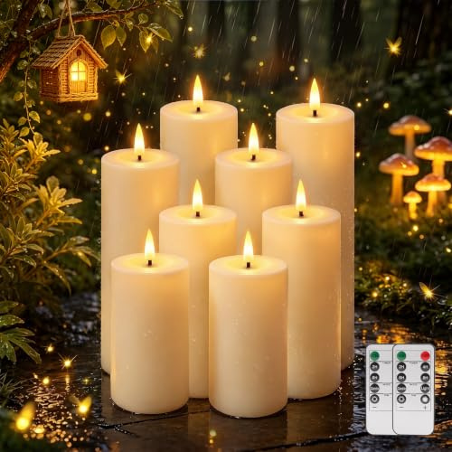 Ketom 8 Stück LED Kerzen Outdoor, Wasserdichten Flammenlosen Kerzen | LED Kerze mit Timer, Batteriebetriebene, mit Fernbedienung, D5,5cm, H13/15/18/20cm, für Camping Home Deco, Ohne Batterien