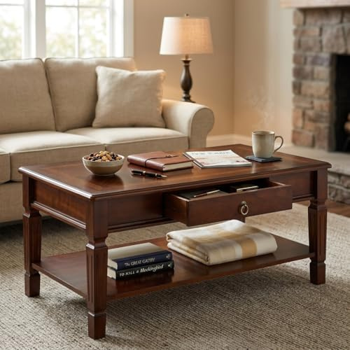 MODERION Couchtisch mit Schublade und Ablagefach, Wohnzimmertisch mit geschnitzten Beinen, rechteckiger Cocktailtisch, Teetisch aus Holz, 100 cm B x 55 cm L x 45,5 cm H, Dunkle Kirsche KFZ-D1258