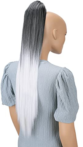 CAISHA 70cm Extralang Clip On Haarteil Zopf Pferdeschwanz Hitzebeständig Synthetik Glatt Ombré Grau Mix H116