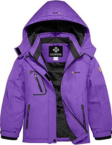GEMYSE Veste de Ski pour Fille avec Capuche Imperméable Coupe-Vent Manteau d'hiver de Neige de Montagne en doublure polaire pour enfant(Violet,128-134)