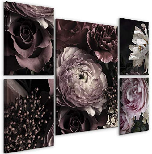 decomonkey Bilder Set Blumen 110x80 cm 5 Teilig Leinwandbilder Bild auf Leinwand Vlies Wandbild Kunstdruck Wanddeko Wand Wohnzimmer Wanddekoration Deko Natur Rose Pfingstrose