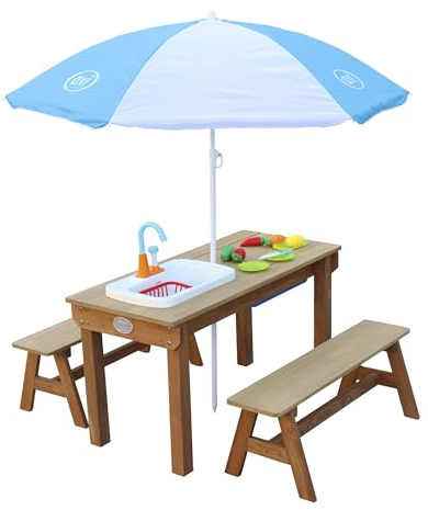 AXI Dennis Kinder Sand & Wasser Picknicktisch aus Holz | Wasserspieltisch & Sandtisch mit Bänken, Deckel, Behältern & Spüle | Kindertisch/Matschtisch in Braun mit Sonnenschirm für den Garten
