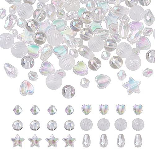 Beadthoven - 600 cuentas acrílicas transparentes, 6 estilos, formas de corazón, estrella, redondas, bicono, lágrima y cristal, chapados en AB para hacer joyas y pulseras