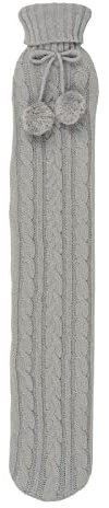 Long Hot Water Bottle Soft Knitted Cover Pom Poms Rbbed Collar 72cm - Light Grey