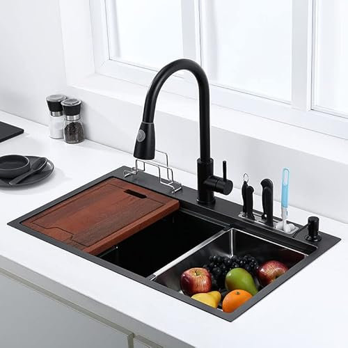 BOYH Fregadero Cocina INOX 75cm 45cm,Incluido Rebosadero Y Juego De Desagüe, para Instalación Bajo Encimera, sobre Encimera Y Enrasado Fregadero Cocina Un Seno,Negro.(Size:80 50,Color:D)
