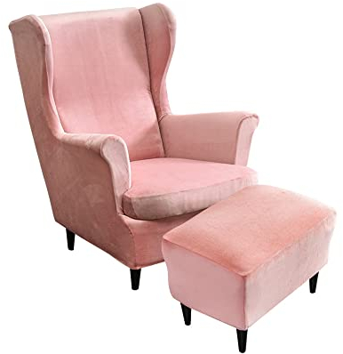 Highdi 2 Teilig Samt Ohrensessel Überzug Mit Ottomane Schonbezug, Sessel-Überwürfe Ohrensessel Schonbezüge Bezug Sesselhusse Stretch Tiger Stuhlbezug mit Armlehne Hohe Rückenlehne (rosa)