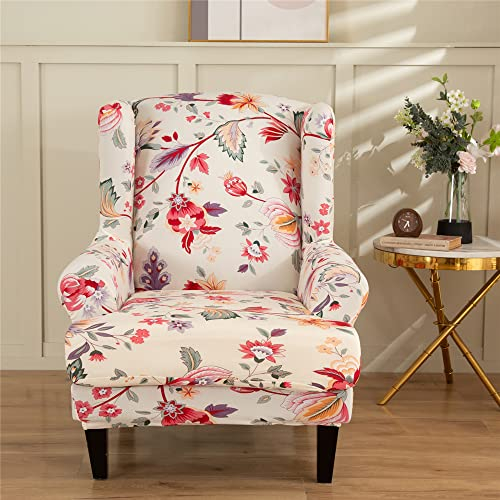 Highdi 2-Teilig Ohrensessel Bezug Sesselbezug Sesselüberwürfe Ohrensessel Überzug Klassisch Blumen Stretch Sesselhusse mit Armlehne für Ohrensessel, Relaxsessel, Fernsehsessel (Rote Blume A)