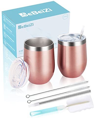 BeBeiZi 2 Stück Weinbecher Edelstahl, 350ml Stemless Weinbecher Mit Deckel Und Strohhalm, Vakuumisolierte Reisekaffeetasse für Cocktails, Coffee, Hochzeitsgeschenk, Geburtstag Frauen, DIY