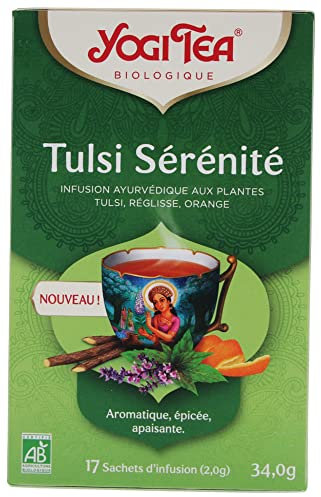 YOGI TEA Bolsitas de té verde Tulsi orgánicas, 17 sobres, alivio del estrés, alta cafeína, mantiene seco, 69 g