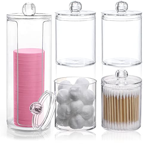 5Pcs Acrylic Cotton Pad Holder, Q-Tips Cotton Swab Dispenser Apothecary Jar with Lid, Bathroom Cotton Wool Bud Organizer Clear Makeup Container for Vanity Storage Cotton Ball Cosmetic Pads Floss