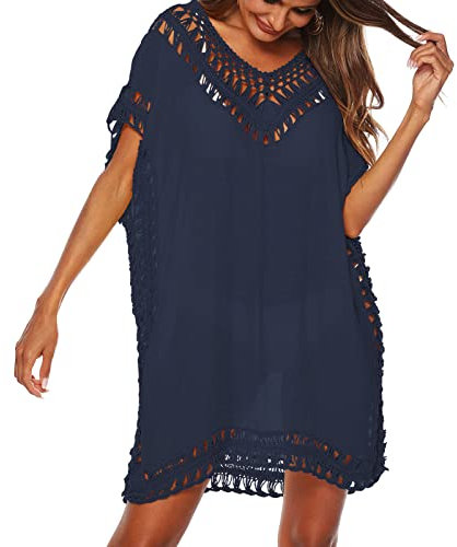 Baynetin Women's Swim Cover-ups Beachwear Hollow Out V-Neck Short Sleeve Crochet Dress Bikini Swimsuit Bathing Suit Cover Up (Navy)