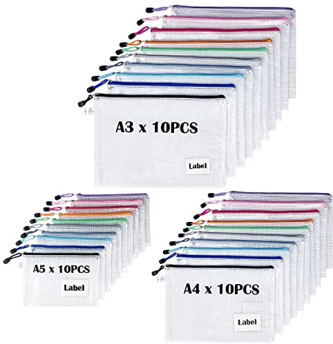 30-Pack Mixed Size Zipper Wallets (A3/A4/A5) with Label Pocket – TRANBO Zip Pouches & Document Folder Bags for Office, School, Home, Travel – Multicolour
