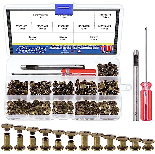Glarks 110 juegos de remaches de cuero Chicago de 6 tamaños con punzón y kit de destornillador, M5 x 4/5/6/8/10/12 mm, tornillo de poste de encuadernación de botón Chicago para manualidades de cuero