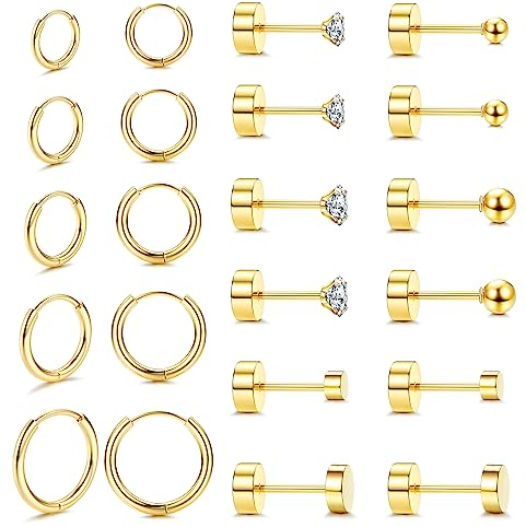 FIOROYAL 11 Paare Ohrringe Gold Kreolen Creolen Ohrringe Klein für Damen Runde Zirkonia Ball Helix Piercings 14K Vergoldeter Medizinische Ohrstecker für Mädchen Gold B