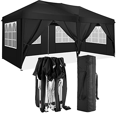 TOOLUCK Pavillon 3x6m Faltpavillon Wasserdicht Stabil Winterfest Faltbar Partyzelt UV-Schutz Pop Up Pavillon mit 6 Seitenteilen & 1 Tragetasche für Outdoor-Aktivitäten Gartenpartys, Schwarz
