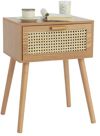 AWASEN Mid Century Nachttisch, Rattan-Beistelltisch mit Schublade, moderner Nachttisch mit Stauraum und Massivholzbeinen für Wohnzimmer, Schlafzimmer und kleinen Raum (Braun)
