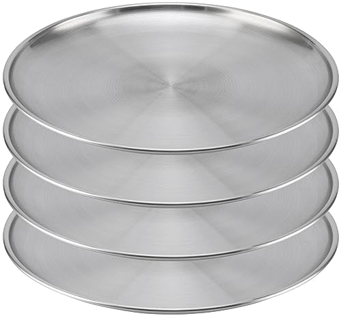 YIXNSW 4 bandejas para pizza de acero inoxidable, redondas, 26 cm, forma de pizza, acero inoxidable, para hornear en el horno, adecuada para camping, eventos al aire libre, picnics, reuniones