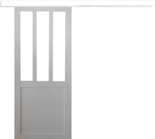 Porte Coulissante Atelier Blanc H204 X L73 + Rail Alu Bandeau Blanc Gd Menuiseries