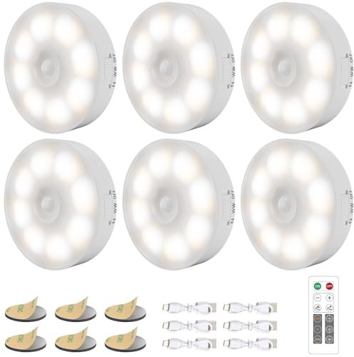 Electight 16 LEDs Under Cabinet Lights with Remote, 6 Pack Motion Sensor Lights Indoor Cordless,3 Color Temps Dimmable, Battery Operated USB Charging, for Wardrobe,Stairs,Closet,Hallway,Cabinets