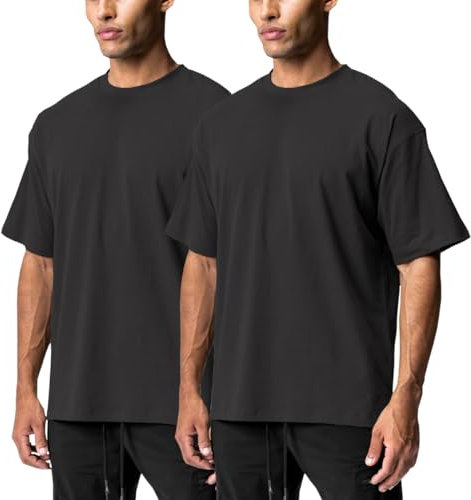 XYKJFIT Men's 2 Pack Solid Color T-Shirt Short Sleeve Fashion Loose Round Neck Gym Sports Leisure Fitness Top Oversized T-Shirt (XXL, Regular, Black+Black)