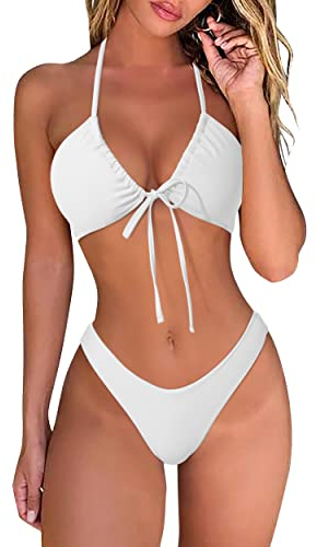 DOULAFASS Damen Bikini Set Sexy Bikini Brazilian Style Niedriger Taille String Triangel 2tlg Bikini Weiß S