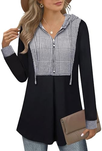 Siddhe Damen Pullover Elegant Longpullover Hoodie mit Reißverschluss Tunika Langarm Sweatshirt Kapuzenpullover Oberteile Pulli mit Kapuzen Longshirt A-Linie Lose Lange Shirt, Hahnentritt L