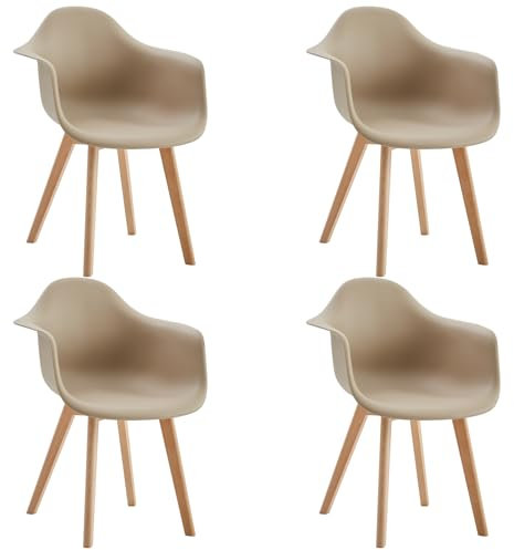 HJhomeheart Esszimmerstühle mit Armlehnen, 4er-Set, Moderne Design-Sessel, Beine aus Buchenholz, Skandinavische Küchenstühle (Beige)