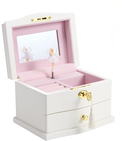 Jozen Gift Ballerina Musical Jewelry Box with Mirror for girls,Kid's Jewelry Storage Music Chest (White-L)