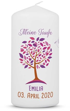 GRAVURZEILE Taufkerze Lebensbaum mit Namen, Datum & Taufspruch - Hochwertige Stumpenkerze 120/57 mm brilliant bedruckt - Personalisiertes Taufgeschenk für Mädchen & Jungen - Kleine Kerze Rosa