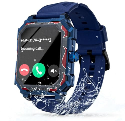 PERGEAR LOKMAT Ocean Max Militär Smartwatch Herren mit Telefonfunktion, 1,96 Zoll Touchscreen Uhren Herren 650mAh 5ATM Wasserdicht 100+ Sportmodi Sportuhr Outdoor Smartwatch für Android iOS, Blau