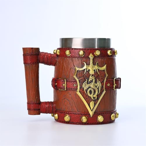 JIUMOZHI Dragon Sword and Shield Mug Creative Hand-painted Resin Stainless Steel Medieval Vintage Wooden Barrel Beer Mug Capacity 20.29OZ (Red)