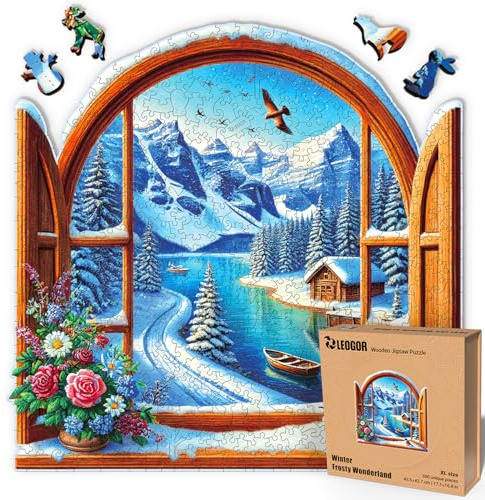 LEOGOR Holzpuzzle für Erwachsene Winter Frosty Wonderland 500 Teile 43.5 x 42.7 cm Premium Berg Schnee Landschaft See Hütte Dekor Einzigartige Handgezeichnete Holz Formen Tolle Geschenkidee