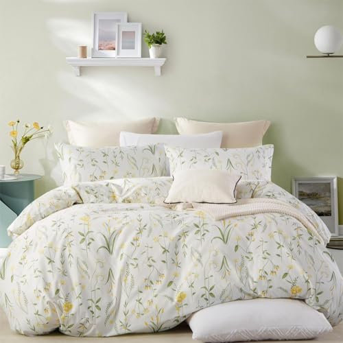 Freyamy Blumen Bettwäsche 155x220cm 2teilig Baumwolle Weiß Gelb Grün Floral Blätter Pflanzen Bettwäsche Blumenmuster Mädchen Bettbezug mit Reißverschluss und Kissenbezug 80x80cm