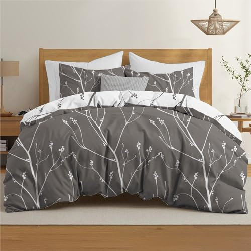 Dreamzie Bettwäsche Set 240x220 cm mit 2 Kissenbezügen 65x65 cm - Muster Zweige Grau - Bettwäsche 240x220 Erwachsene aus 100% Mikrofaser - Zertifiziert ohne Chemikalien (Oeko TEX)