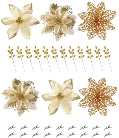 Künstliche Weihnachtssterne – 30 Stück, 3 Stile, künstliche goldene Weihnachtssterne für Weihnachtsbaum, künstliche Stechpalmenbeeren, künstliche Weihnachtssterne mit Clips für Outdoor-Dekoration