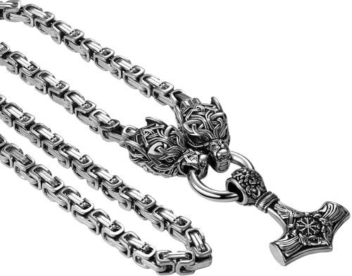 OIDEA Herren Wikinger Wolfskopf Halskette: Vintage Silber Wolf mit Thor's Hammer Anhänger Amulett Kette aus Edelstahl mit 61cm Königskette nordisches Geschenk für Viking Fan