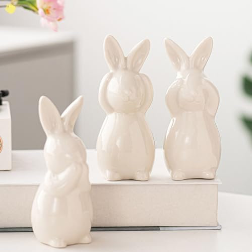 Osterdeko Hase Deko, 3 Stück Osterhasen Figuren Osterhase für Osterdeko Aus Keramik Porzellan Hase Kaninchen Dekofigur Frühlingsdeko Osterdeko Tisch für Wohnzimmer Büro Party (Weiß)