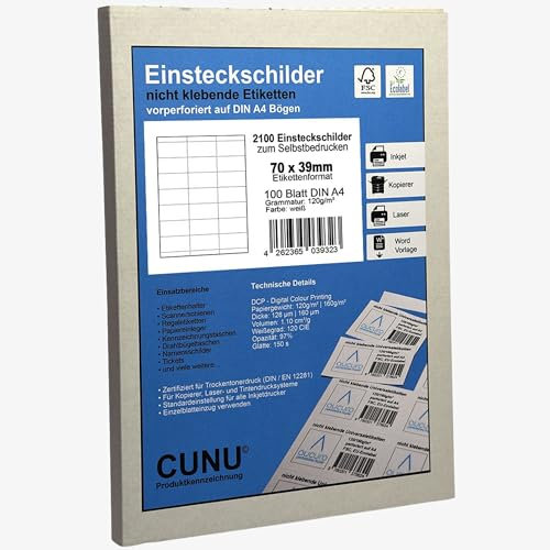 CUNU - Einstecketiketten zum Beschriften (70mmx39mm, DIN A4) - Einsteckkarten nicht klebend - Regaletiketten für Scannerschienen - Einlegepapier zur Kennzeichnung für Regal und Lager (perforiert)